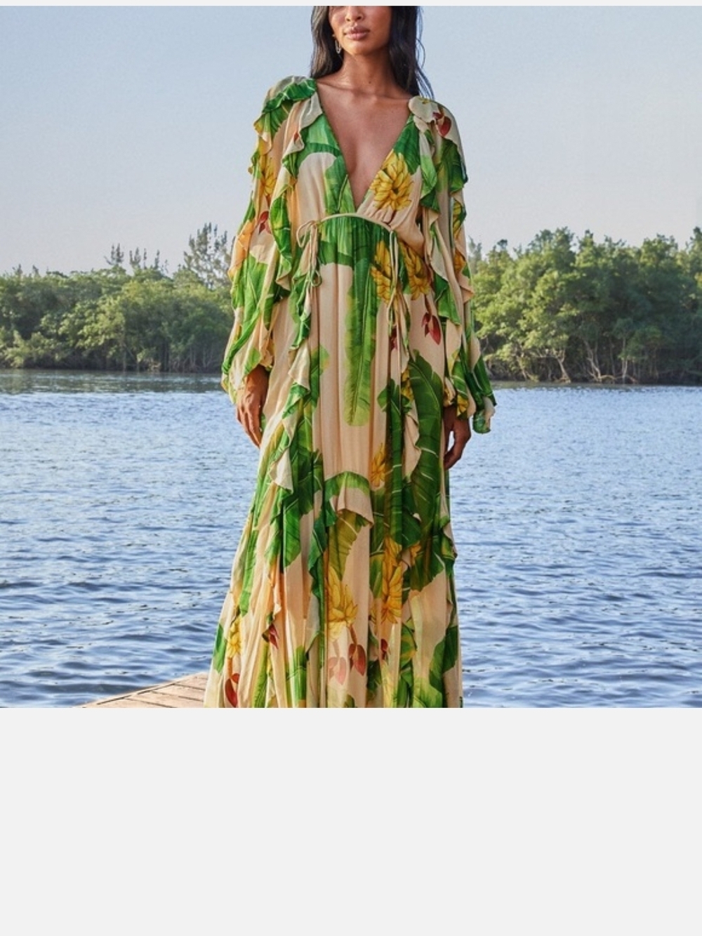 FARM Rio Cream Maxi Dress with Green Tropical Leaf Print